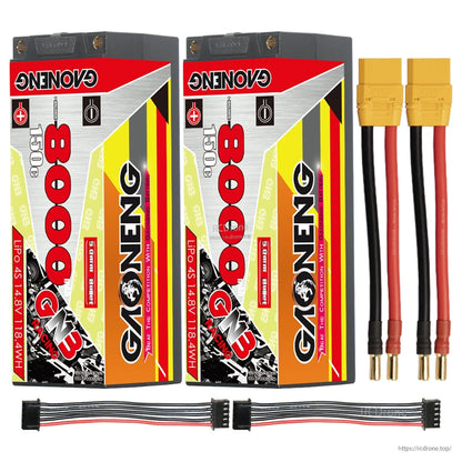 Two batteries with yellow plug leads, 5mm bullet ends, and two balance leads shown as bundle