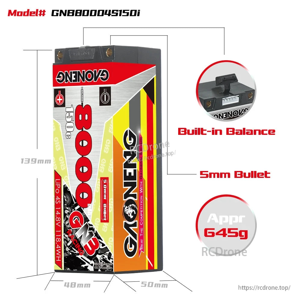 GNB8000 4S 150C battery size and features diagram: built-in balance lead, 5mm bullet, approx 645g