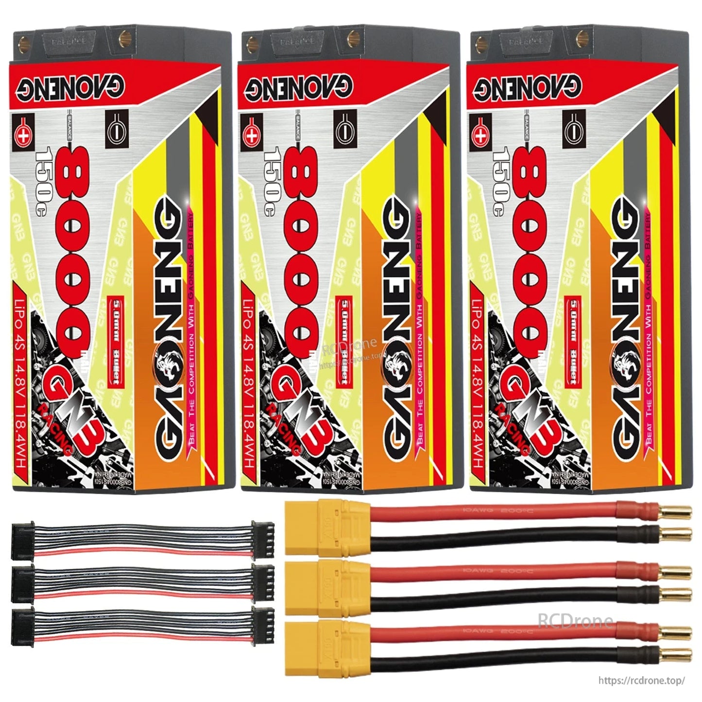 Three batteries with yellow plug leads, 5mm bullet ends, and three balance leads shown