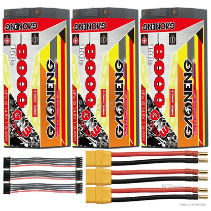 Three batteries with yellow plug leads, 5mm bullet ends, and three balance leads shown
