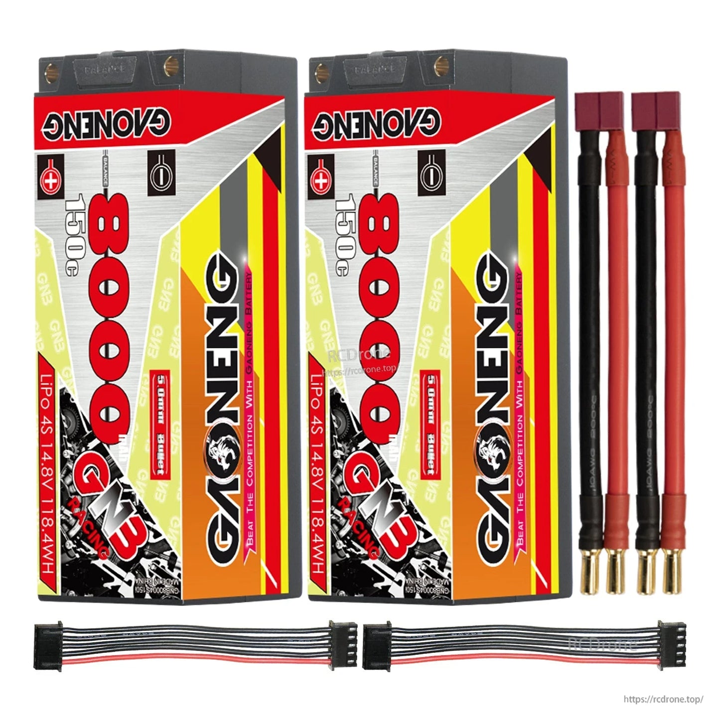 Two-pack layout: 2 GAONENG GNB 8000mAh 150C batteries with 5mm bullet leads and 2 balance leads
