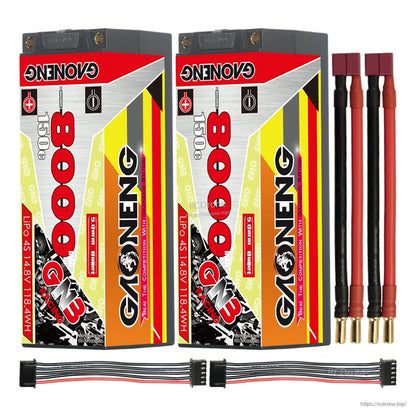 Two-pack layout: 2 GAONENG GNB 8000mAh 150C batteries with 5mm bullet leads and 2 balance leads