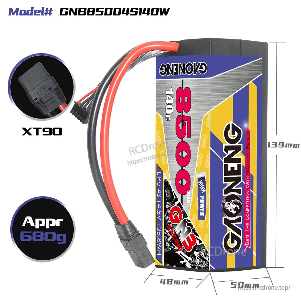 Battery dimensions diagram with XT90 connector callout and model text GNB85004S140W