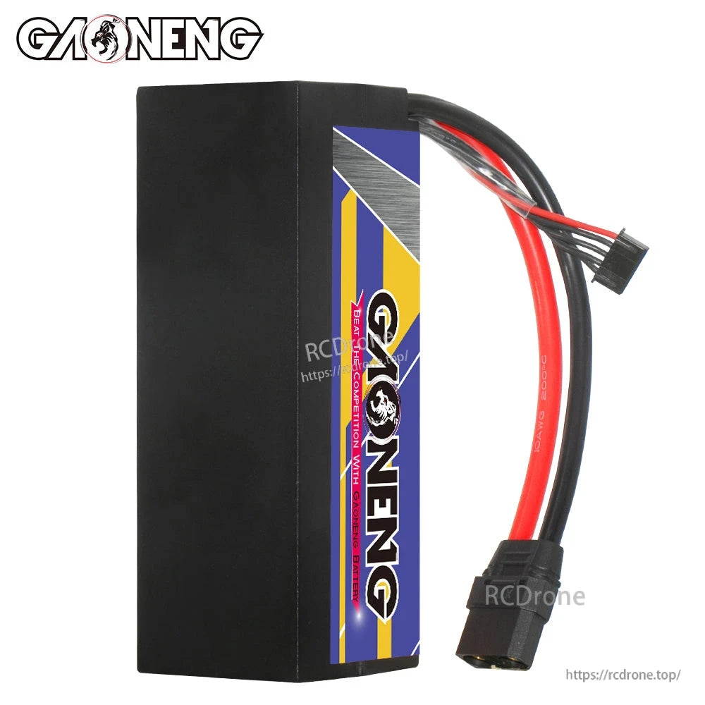 Side/rear view of black hard case GNB LiPo battery showing casing and attached leads