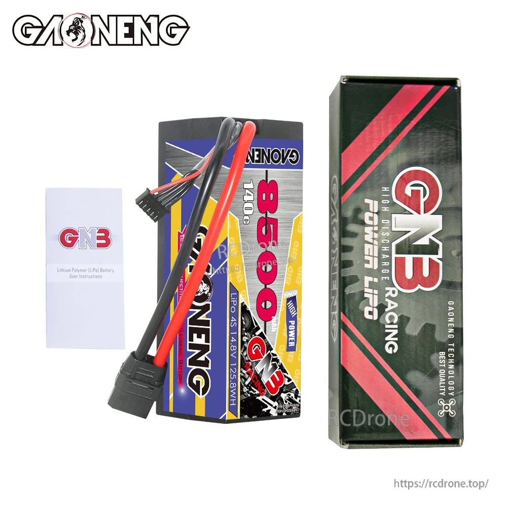 In-the-box contents: GNB 8500 battery, GNB Racing Power LiPo box, and user instructions card
