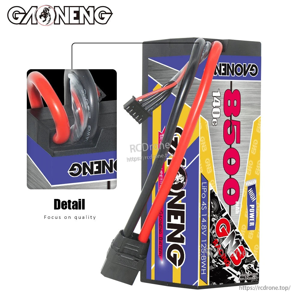 Close-up detail of wire exit and connectors on GNB hard case LiPo battery
