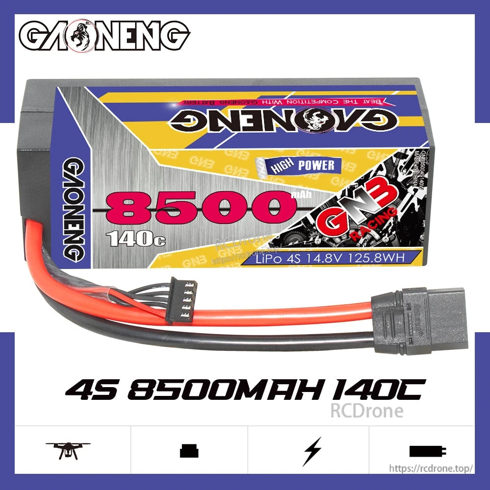 GNB 4S 8500mAh 140C hard case LiPo battery graphic showing 14.8V and 125.8Wh on label