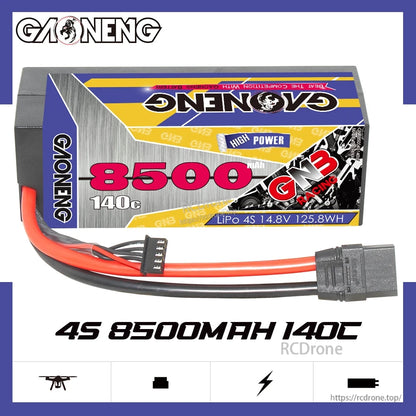 GNB 4S 8500mAh 140C hard case LiPo battery graphic showing 14.8V and 125.8Wh on label