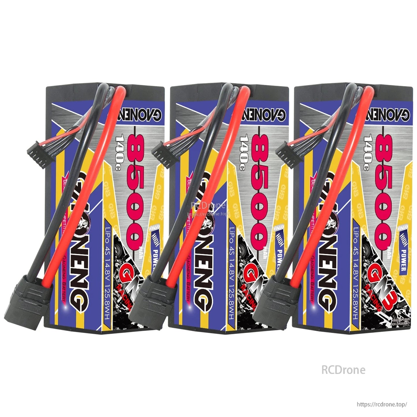 Three-pack view of GNB hard case LiPo batteries with XT90 connectors and balance leads