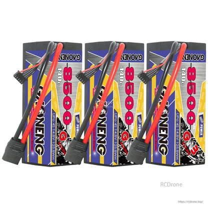 Three-pack view of GNB hard case LiPo batteries with XT90 connectors and balance leads