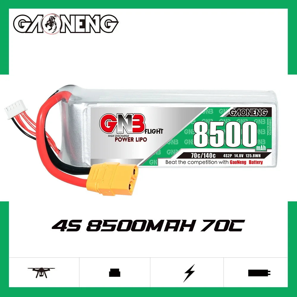 d6cc01eff78077bcc5832a52035a661b_O1CN01abRNVi2Gi2RTaRrhs_!!3598899048-0-cib.jpg GAONENG GNB 4S Lipo Battery, Lithium-polymer battery designed for FPV drones, providing 8500mAh capacity and reliable power with discharge rates up to 140C.