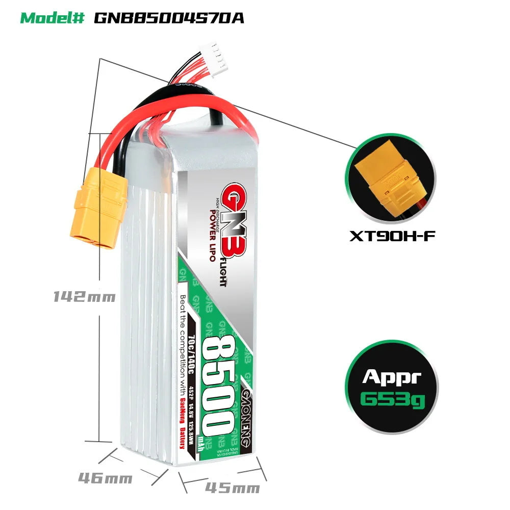 GAONENG GNB 4S Lipo Battery, Teranty high-concerned lithium battery for helicopters and remote control toys, CE certified, with specifications for model number GNB 4S 14.8V Battery.