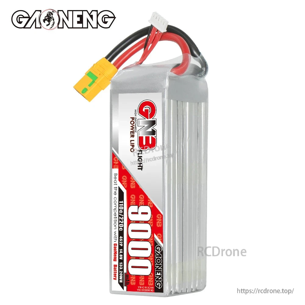 Upright side profile of GNB 9000mAh LiPo battery showing label strip and connector leads