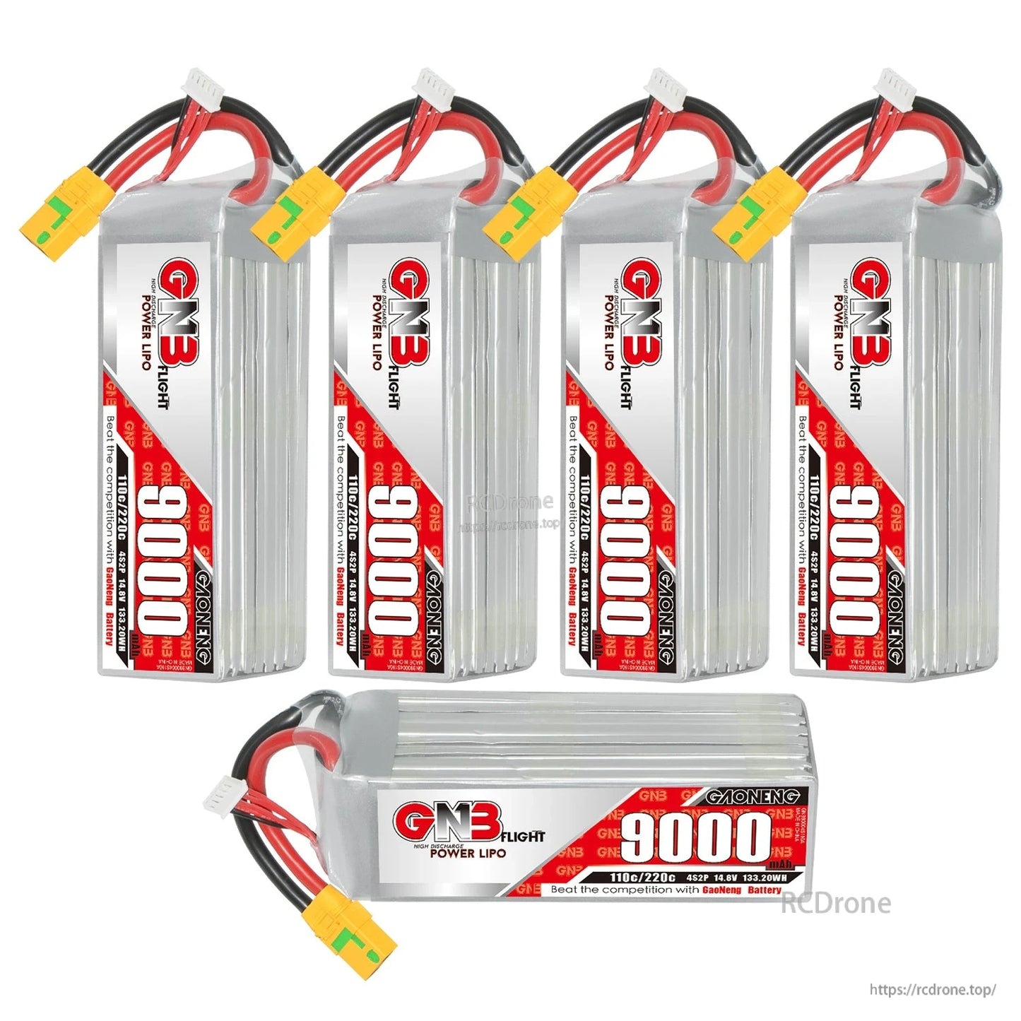 Bundle layout showing four upright GNB 9000mAh packs plus one battery displayed horizontally