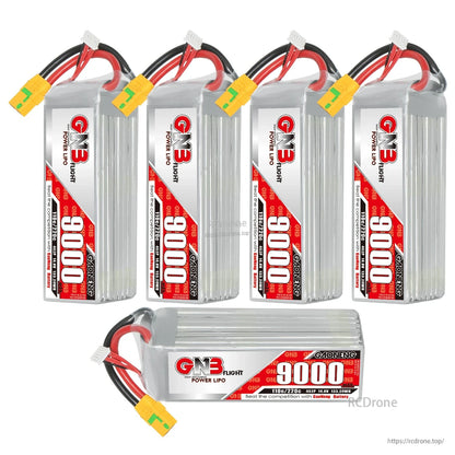 Bundle layout showing four upright GNB 9000mAh packs plus one battery displayed horizontally