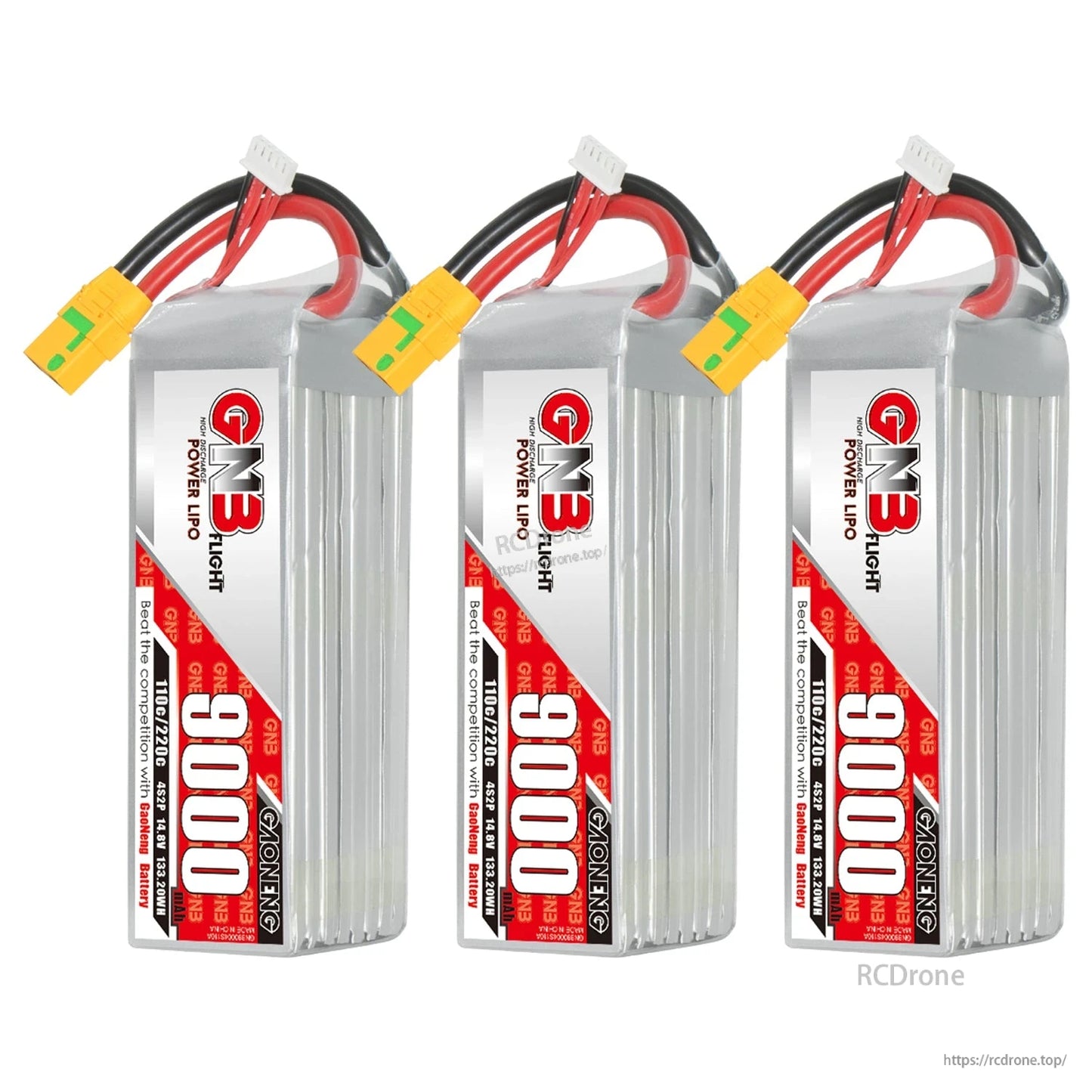Three GNB 9000mAh LiPo batteries lined up, each with XT90S connector and balance lead