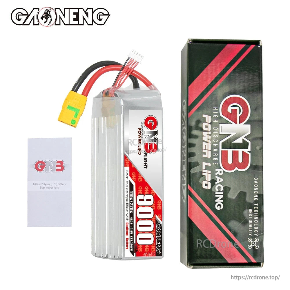 Package contents: GNB 9000mAh LiPo battery, branded retail box, and small instruction card