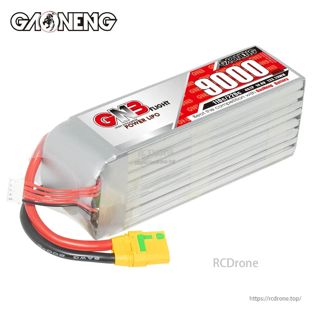 Angled side view of GNB 9000mAh LiPo pack showing wire exit, balance plug, and XT90S connector