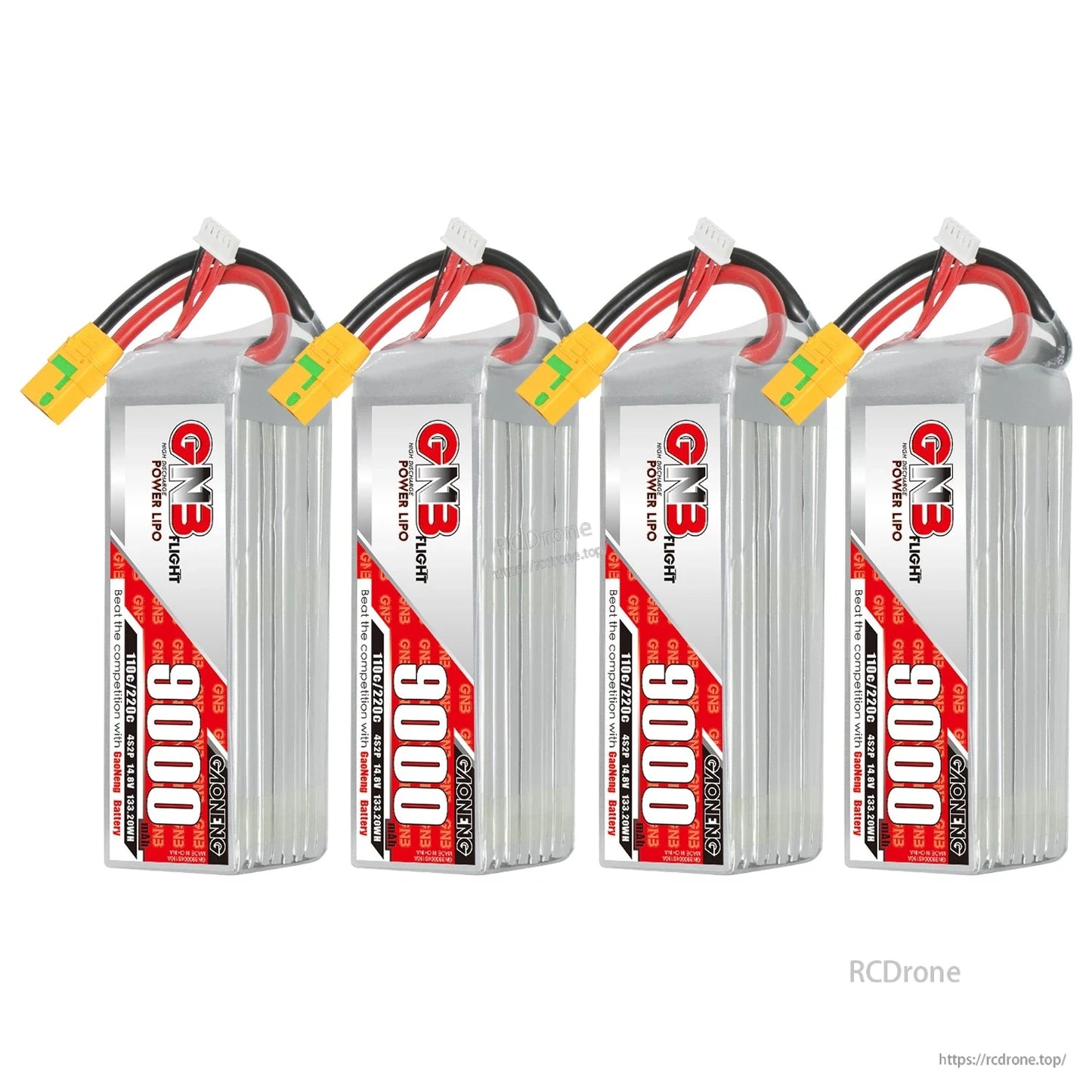 Four GNB 9000mAh LiPo batteries lined up with XT90S connectors and balance leads