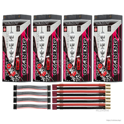 Four-pack with T-plug leads: 4 GNB hard case batteries, four Deans-to-5mm bullet leads, and balance harnesses