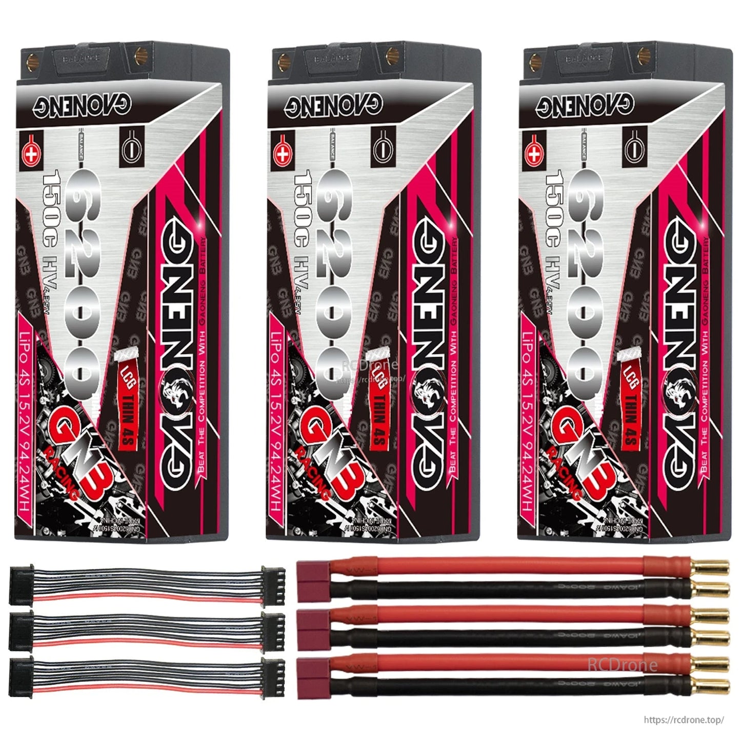 Three-pack with T-plug leads: 3 hard case batteries with three Deans-to-5mm bullet leads and balance harnesses