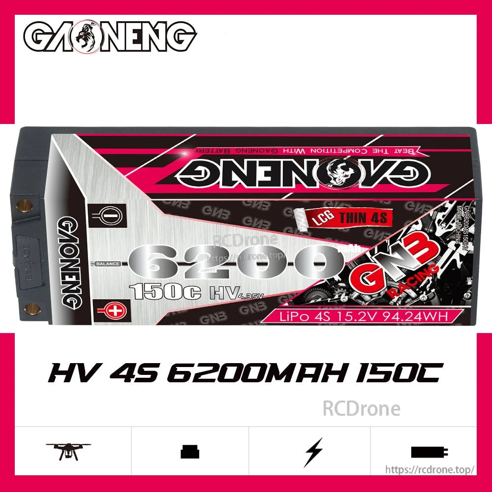 GAONENG GNB HV 4S 6200mAh 150C hard case battery product graphic with icon strip