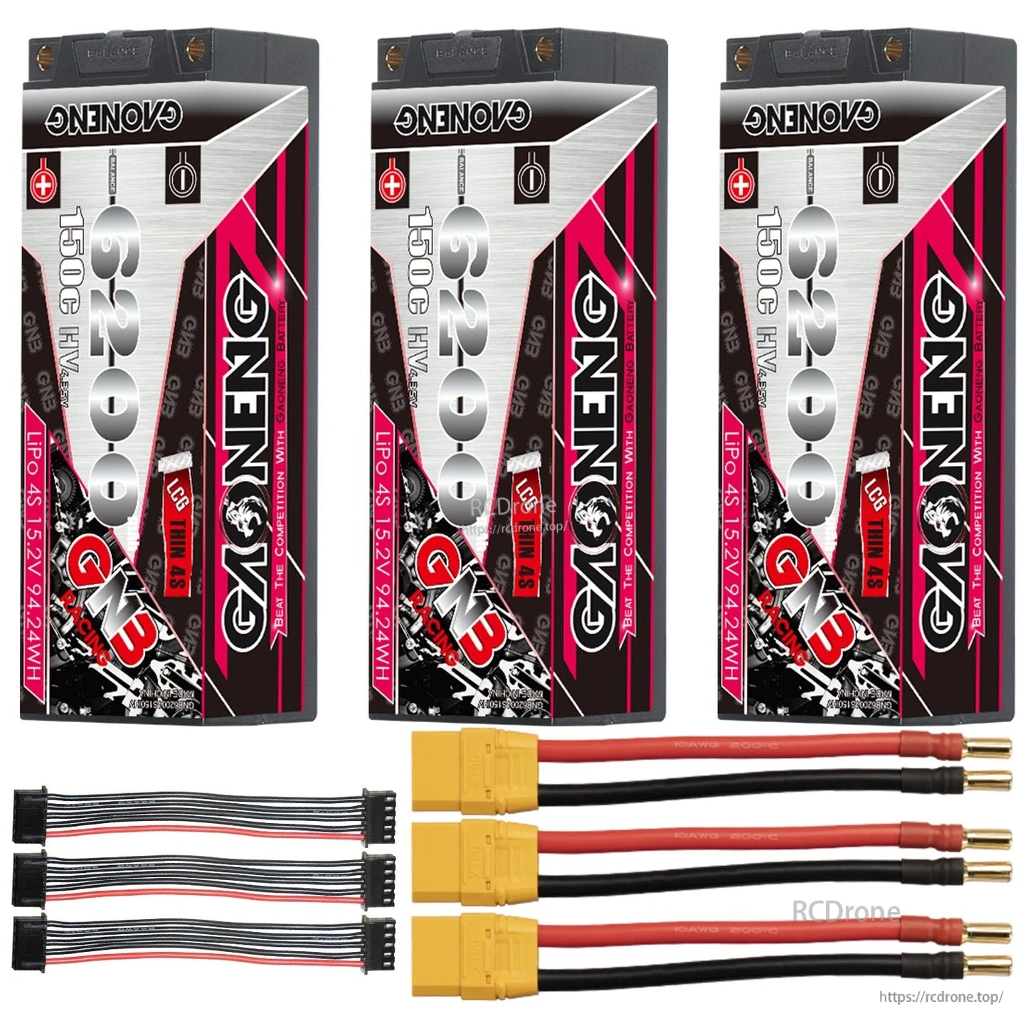 Three-pack layout: 3 hard case GNB batteries with three XT90 leads and three balance extension harnesses