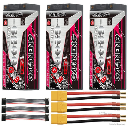 Three-pack layout: 3 hard case GNB batteries with three XT90 leads and three balance extension harnesses