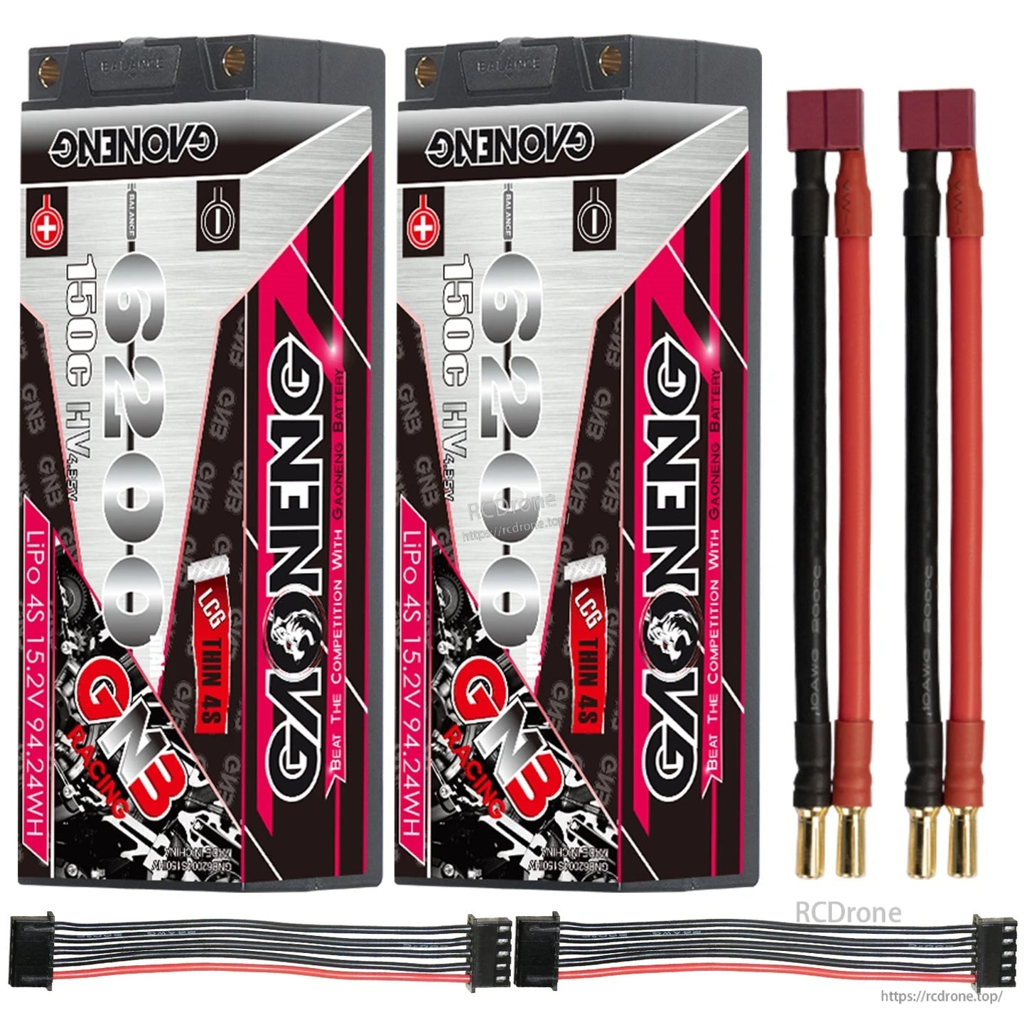 Two-pack with T-plug leads: 2 GNB hard case batteries plus two Deans-to-5mm bullet leads and balance leads