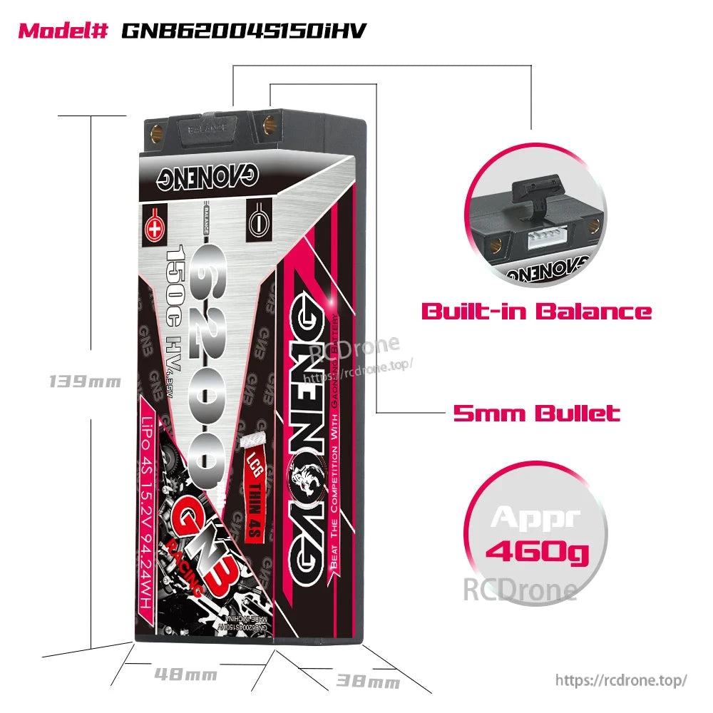 Battery size diagram for GNB62004S150iHV: 139mm length, 48mm width, 39mm height, 5mm bullets, ~460g