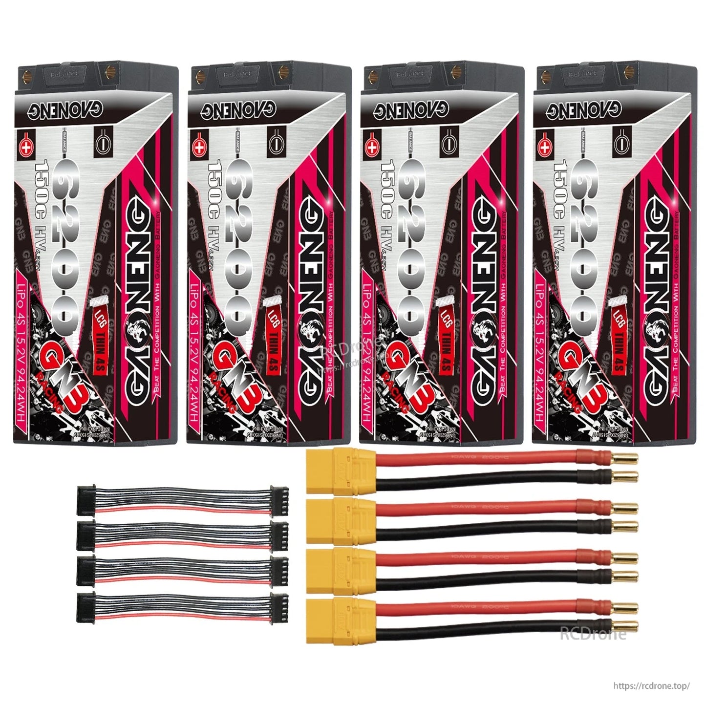 Four-pack layout: 4 GAONENG GNB hard case batteries with four XT90 leads and four balance harnesses