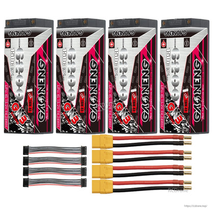Four-pack layout: 4 GAONENG GNB hard case batteries with four XT90 leads and four balance harnesses