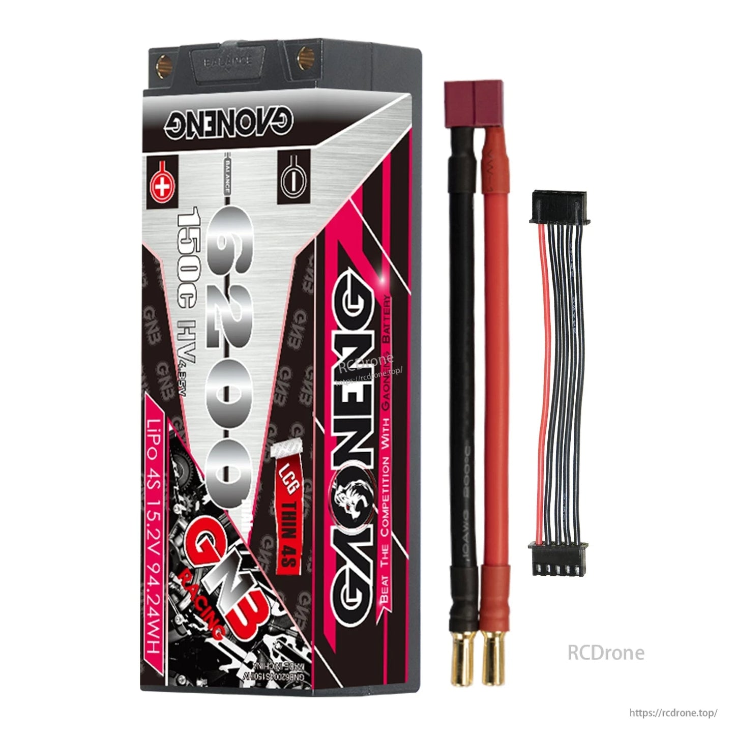 GAONENG GNB hard case battery with T-plug (Deans) lead, 5mm bullet connectors, and balance plug