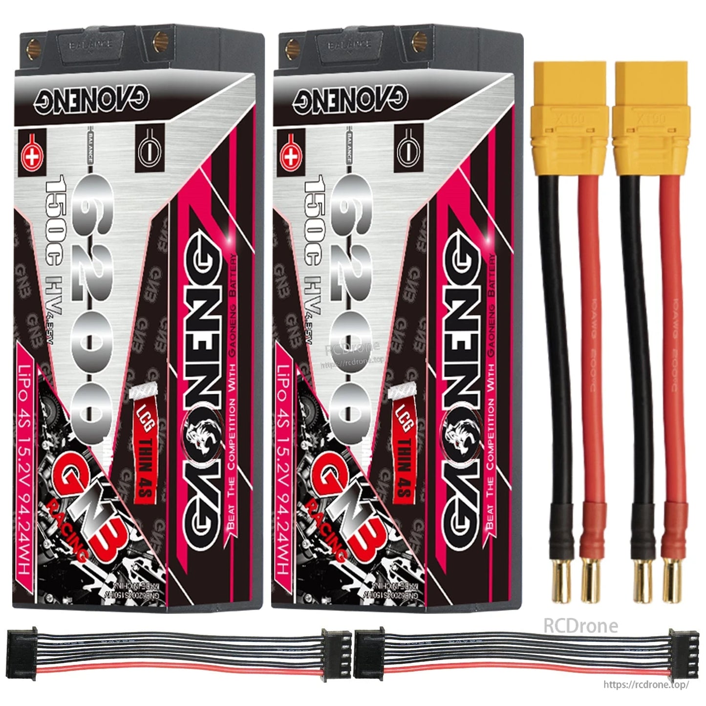 Two-pack layout: 2 GAONENG GNB hard case batteries with XT90-to-5mm bullet leads and balance extensions