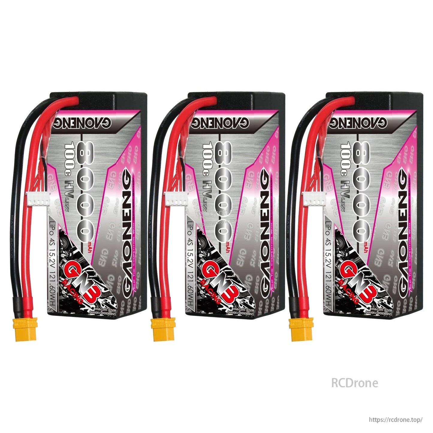 Three GAONENG GNB 4S 8000mAh hard case LiPo batteries displayed in a row