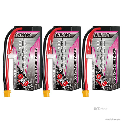Three GAONENG GNB 4S 8000mAh hard case LiPo batteries displayed in a row
