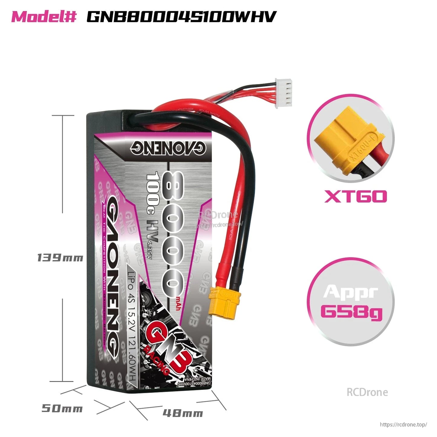 Battery size and weight diagram: 139×50×48mm, approx 658g, XT60 connector detail