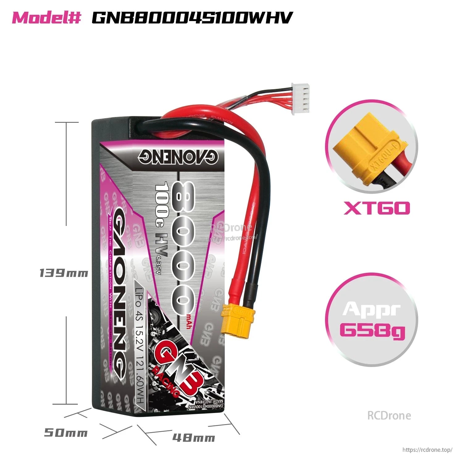 Battery size and weight diagram: 139×50×48mm, approx 658g, XT60 connector detail