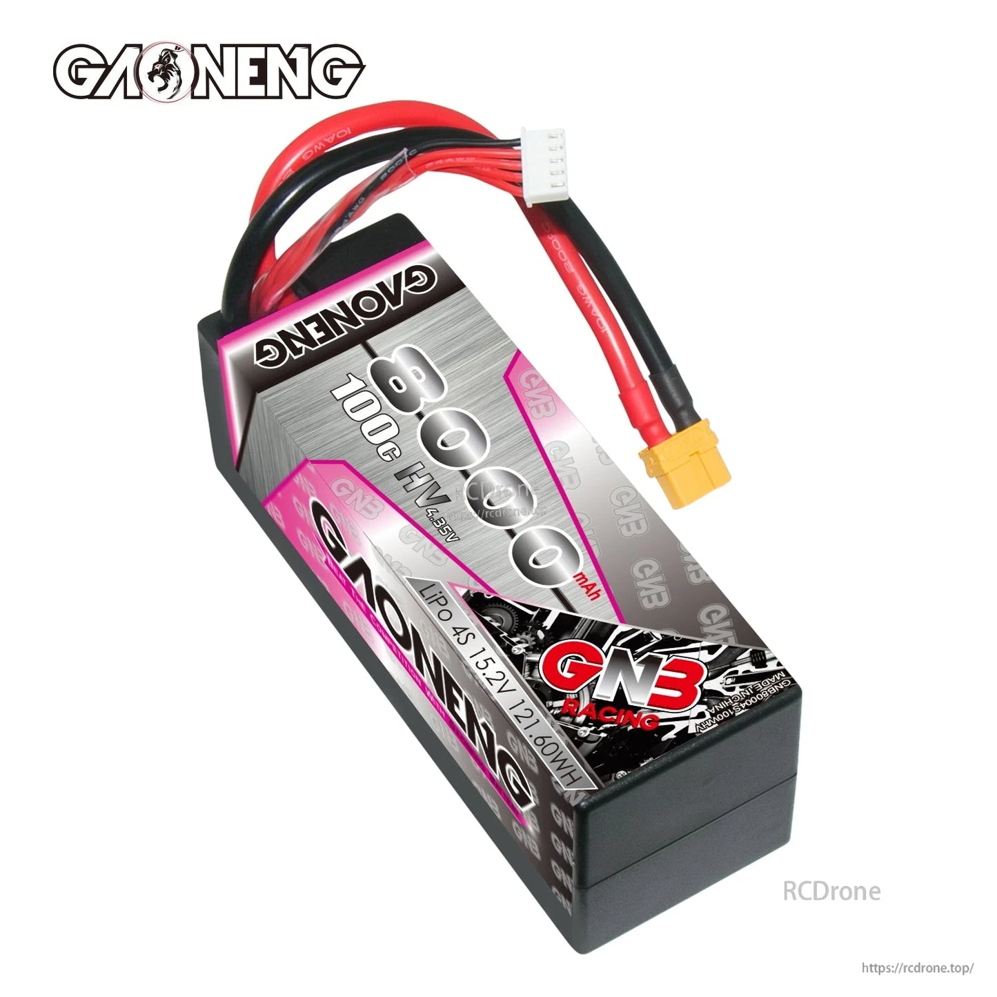 Angled top view of GAONENG GNB hard case LiPo showing XT60 plug and balance connector