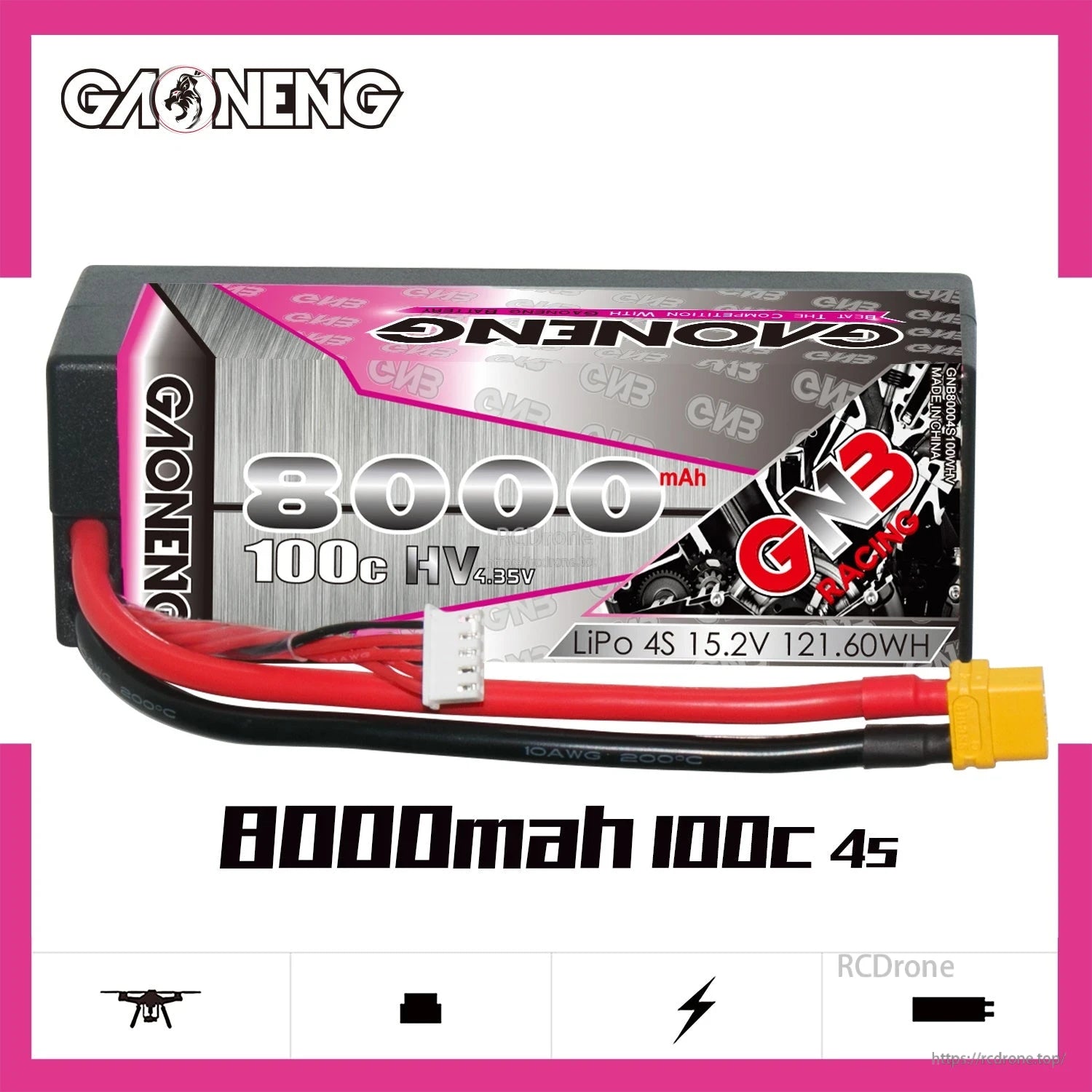 GAONENG GNB 4S 15.2V 8000mAh 100C LiHV hard case LiPo battery, side profile with leads