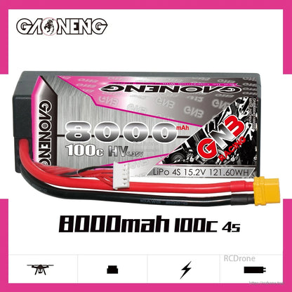 GAONENG GNB 4S 15.2V 8000mAh 100C LiHV hard case LiPo battery, side profile with leads