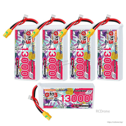 Five GNB 13000mAh HV LiPo batteries shown, including one horizontal pack and four upright
