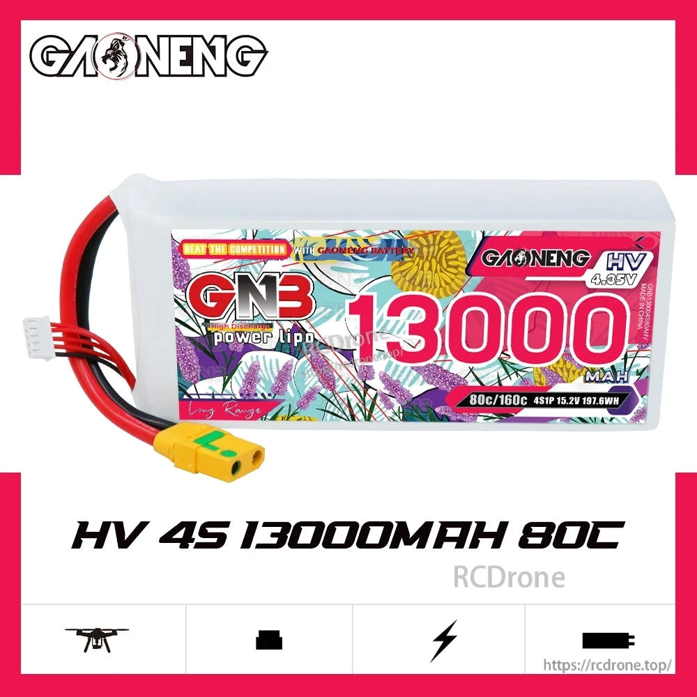 Front label view of GNB HV 4S 13000mAh 80C LiPo battery with XT90S lead