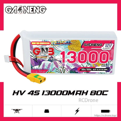 Front label view of GNB HV 4S 13000mAh 80C LiPo battery with XT90S lead