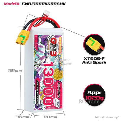 GNB130004S80AHV battery dimensions graphic with XT90S-F anti-spark connector and approx 1028g weight