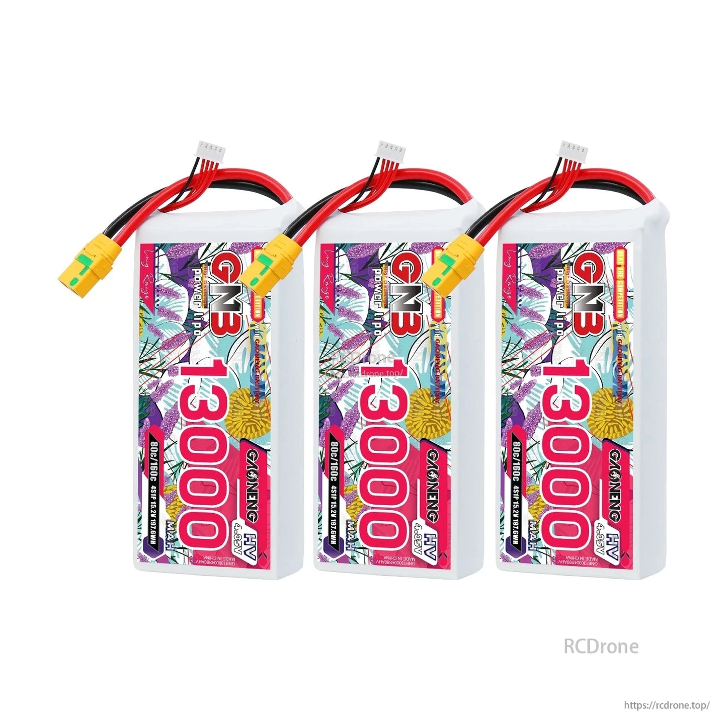 Three-pack display of GNB 13000mAh HV LiPo batteries with XT90S connectors and balance leads