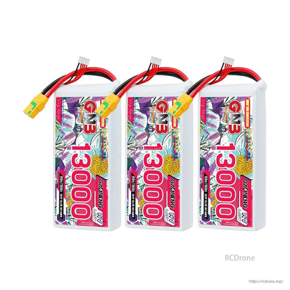 Three-pack display of GNB 13000mAh HV LiPo batteries with XT90S connectors and balance leads