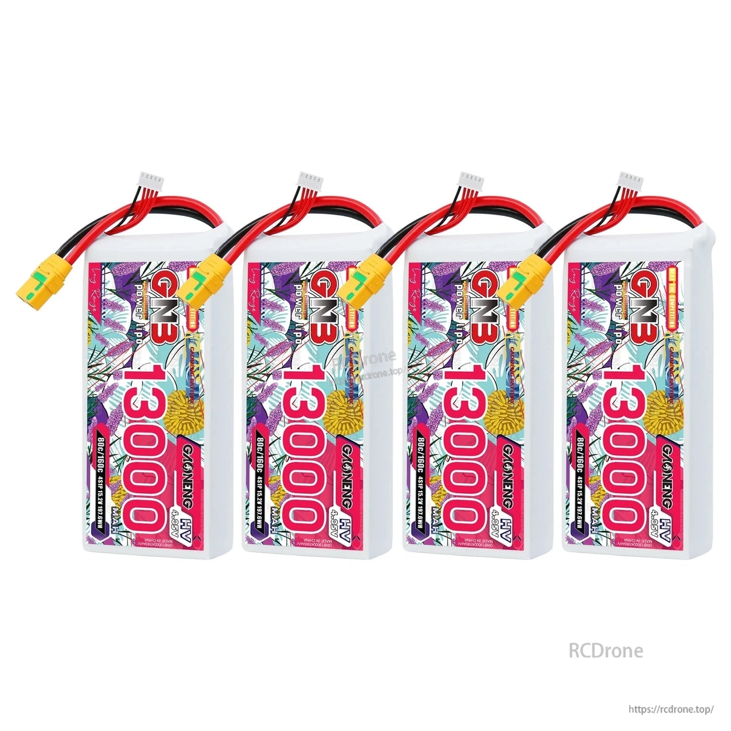 Four GNB 13000mAh HV LiPo batteries lined up with XT90S connectors and balance plugs
