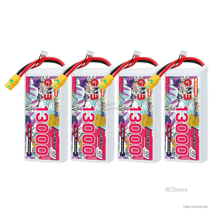 Four GNB 13000mAh HV LiPo batteries lined up with XT90S connectors and balance plugs