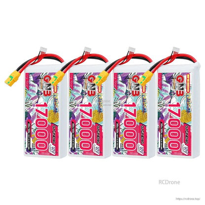 Four GAONENG GNB 17000mAh HV LiPo battery packs in a row with XT90S connectors
